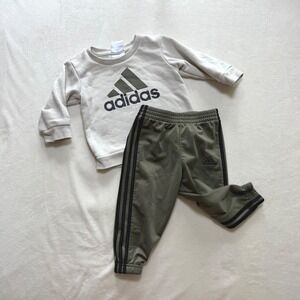 Adidas Sweatshirt and Joggers Set Baby Boys 12M Cream Olive Green Sporty Outfit